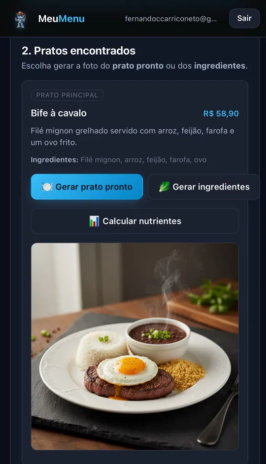 Dishes extracted from the menu with description, ingredients and AI-generated image